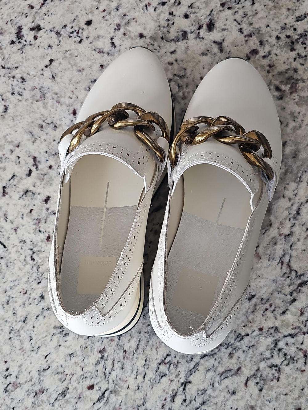 Dolce Vita White Slip-On Loafers with Gold Chain